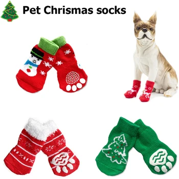 

4 Pcs/Set Dog Socks Chrismas For Pets Anti Slip Dog Socks Puppy Indoor Soft Knit Weave Warm Sock For Dogs Cats Christmas Gift