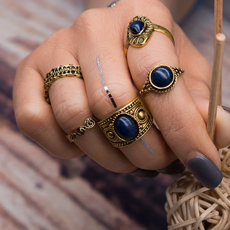 

5pcs/set Vintage Blue Opal Ring Set for Women Carved Finger Rings Antique Gold Silver Party Fashion Jewelry Bohemian Style