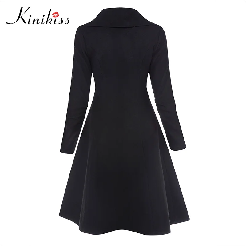 Kinkiss Women Winter Long Trench Coat Black Gothic Turn Down Collar Button Vintage Overcoat Tunic Skirt Slim Lady Outwear Coats