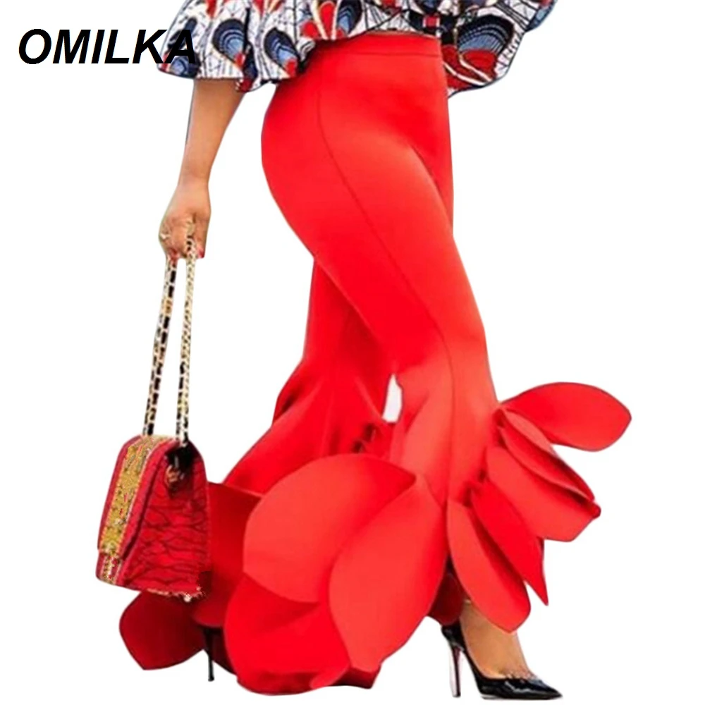 OMILKA красная вспышка Брюки с рюшами женские 2019 Лето Высокая талия Bodycon нерегулярные элегантные офисные женские брюки-клёш брюки