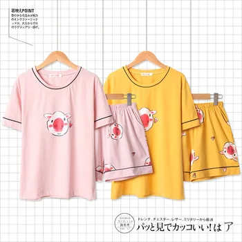 

100% Cotton Pajamas Short-sleeved Shorts Pyjamas Women Cute Round-collar Piglet Printing Sleepwear Suit Korean Pajama Shorts