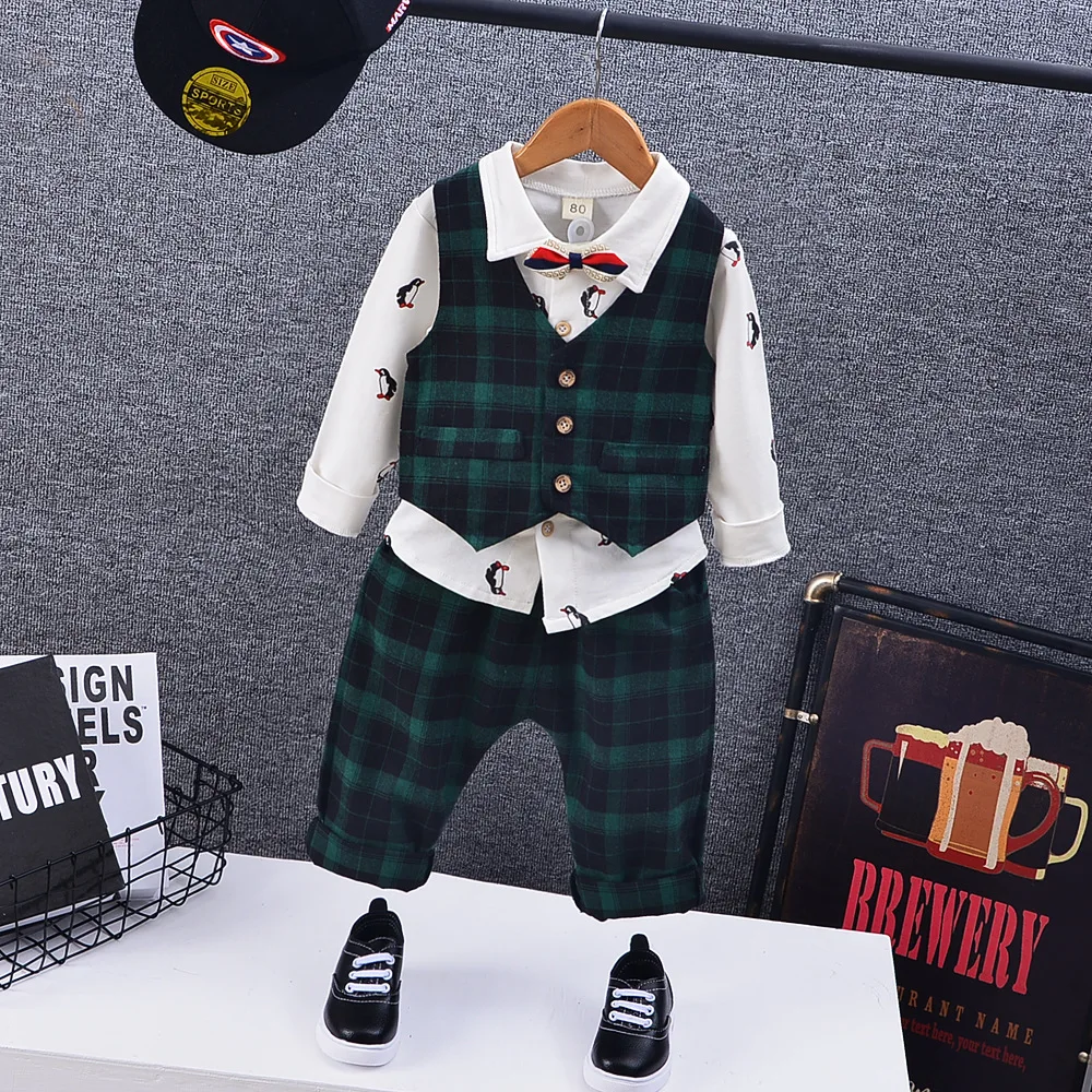 

DIIMUU 3PCS Kids Baby Boys Clothes Wedding Party Outfits Infant Children Boy Clothing Plaid Vest Printing Shirts Cotton Pants