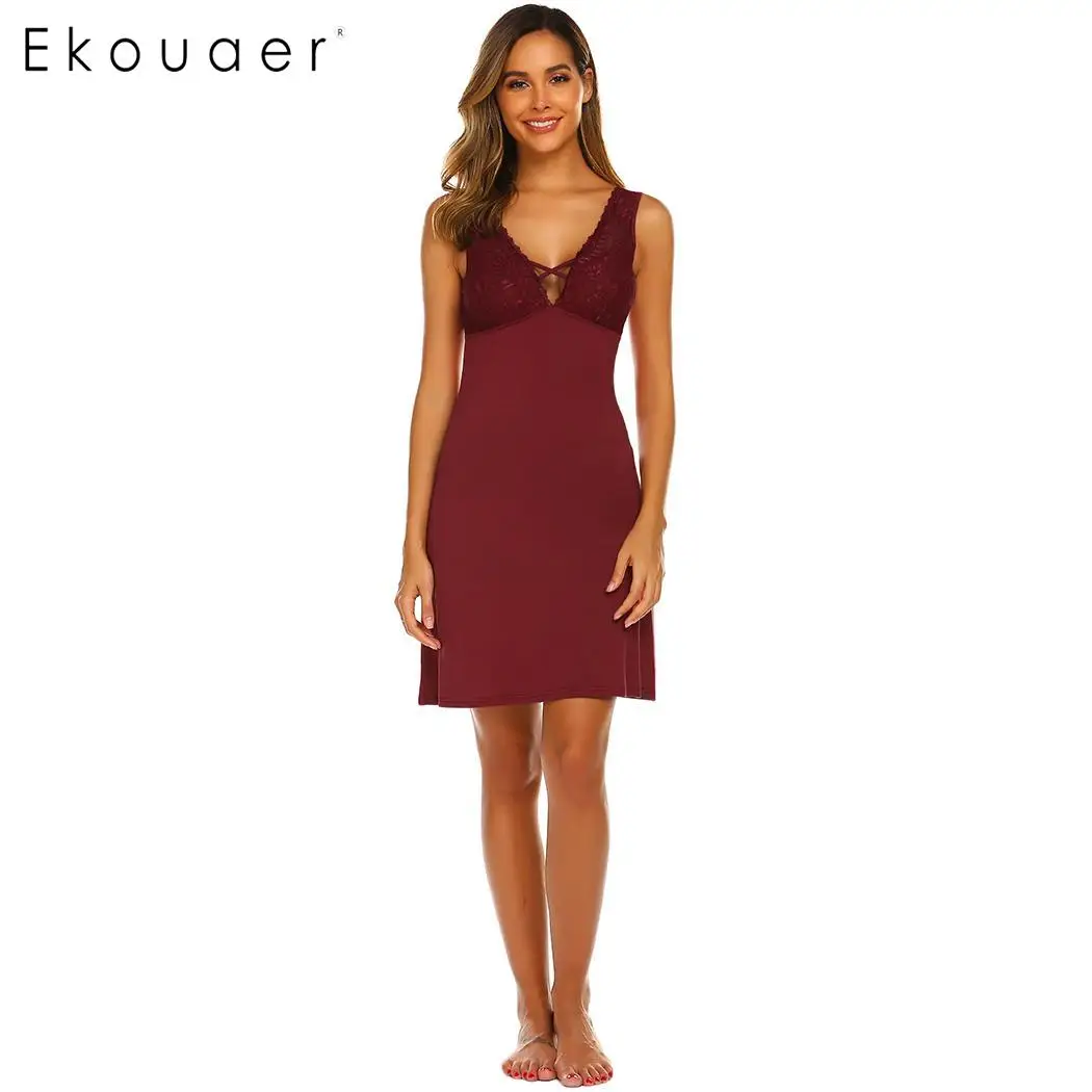 Wine Red Ekouaer Для женщин Летняя ночная рубашка трусы; джемпер с треугольным воротом без рукавов для девочек кружевное платье в стиле пэчворк свободная ночная рубашка, одежда для сна, одежда для отдыха - Цвет: Wine Red
