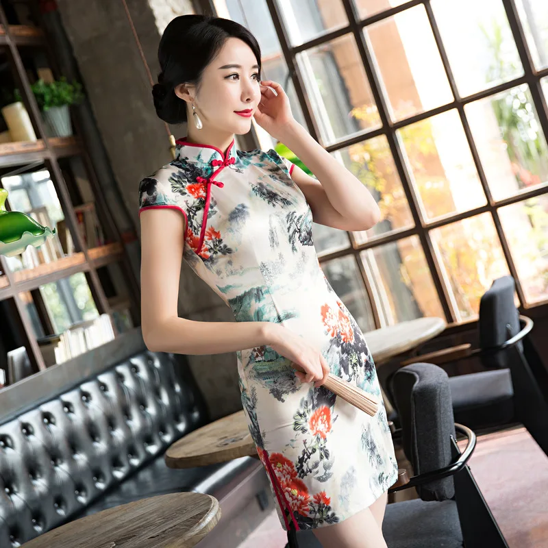 Fengmeisi chinese cheongsam short qipao women chinos slim print modern