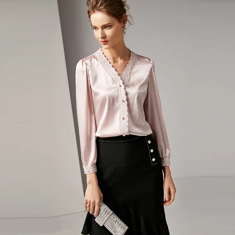 Schinteon Европейская и американская модная женская блуза из натурального шелка с v-образным вырезом и длинным рукавом, однотонные вечерние рубашки, Новинка - Цвет: Light Pink