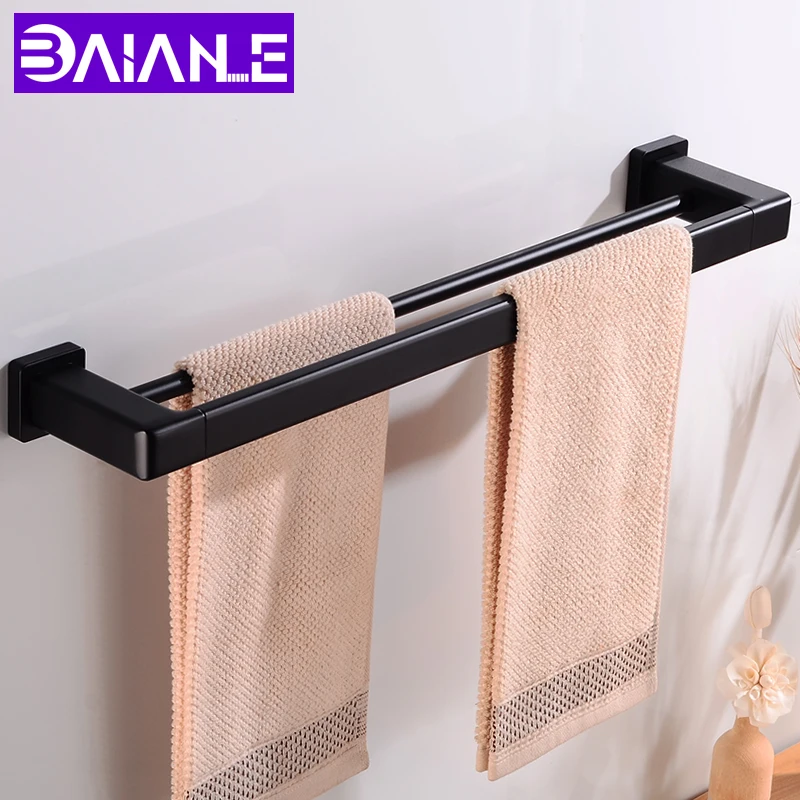 

Towel Bar Double Aluminum Bathroom Towel Holder Black Wall Mounted Towel Rack Hanging Holder Square Clothes Robe Rail Hanger
