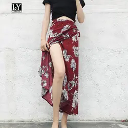 Ly Вари Lin новые летние Для женщин юбка с цветочным рисунком пляж Богемия Высокая Талия Sash связать Асимметричная шифоновая юбка женская