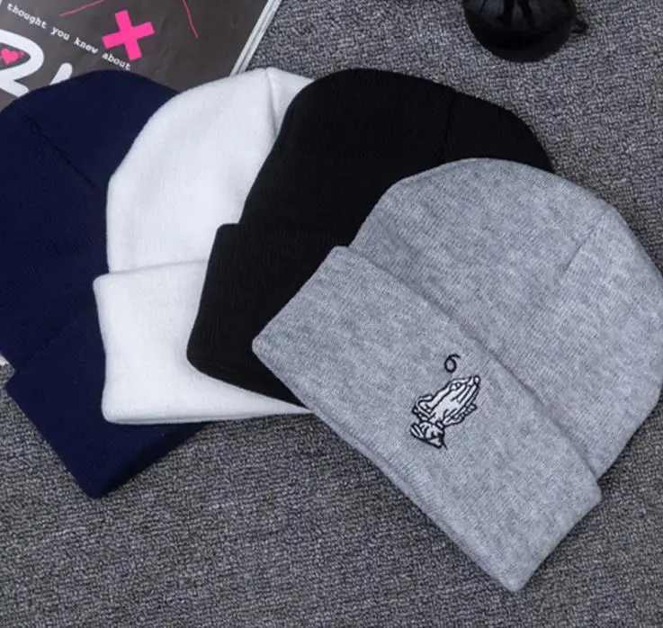 

Hot Selling Cotton Winter Hat Embroidery Praying With Folded Hands Men Women Hats Soft Solid Beanies Warm Knitted Caps Gorros