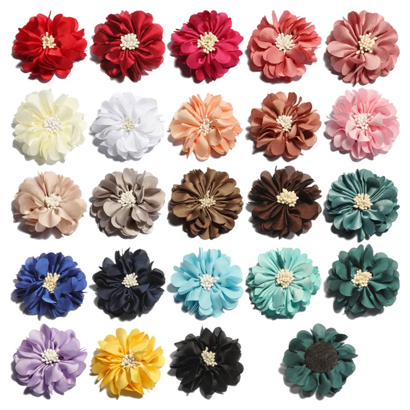 

10PCS 23 colors 5cm Newborn Vintage Wrinkles Fabric Flowers with Match End Do Old Chiffon Hair Flowers for Wedding Decoration