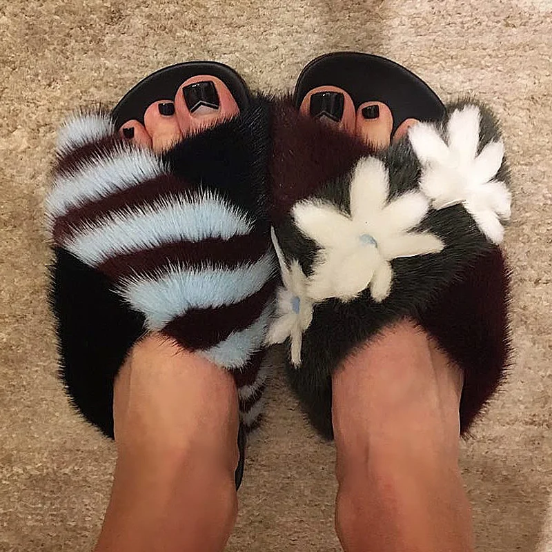 

Fashion Womens Fur Flowers Slippers Flat Shoes Chic Outwear Casual Mixed Color Leather Shoes C23