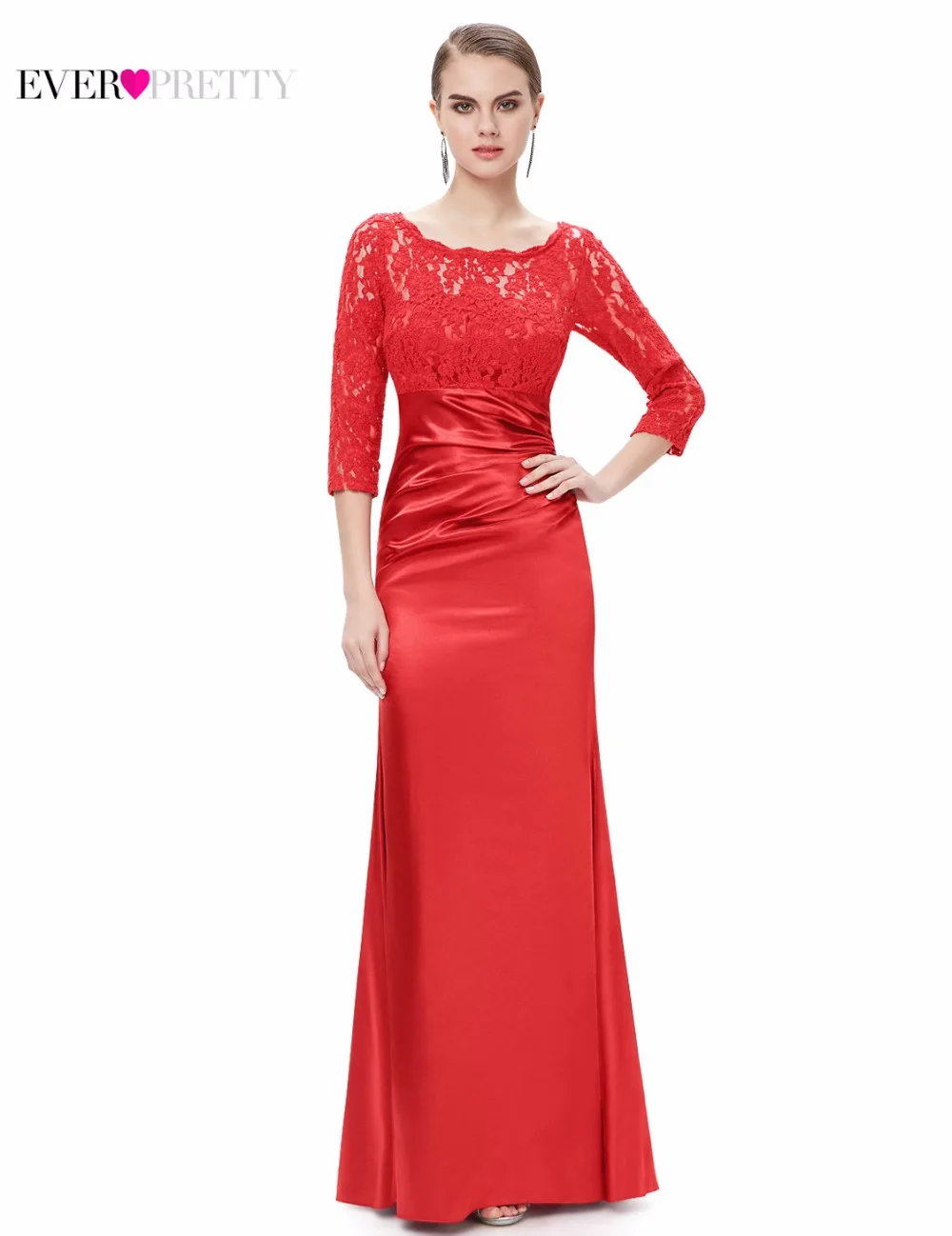

Ever Pretty Women Elegant Evening Dress Lace A-Line Three Quarter O-Neck Red Long Evening Party Dress