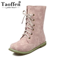 TAOFFEN/новые женские ботинки до середины икры на плоской подошве с круглым носком Модные женские короткие ботинки на шнуровке Обувь на весну, осень, зиму обувь, размер 30-48