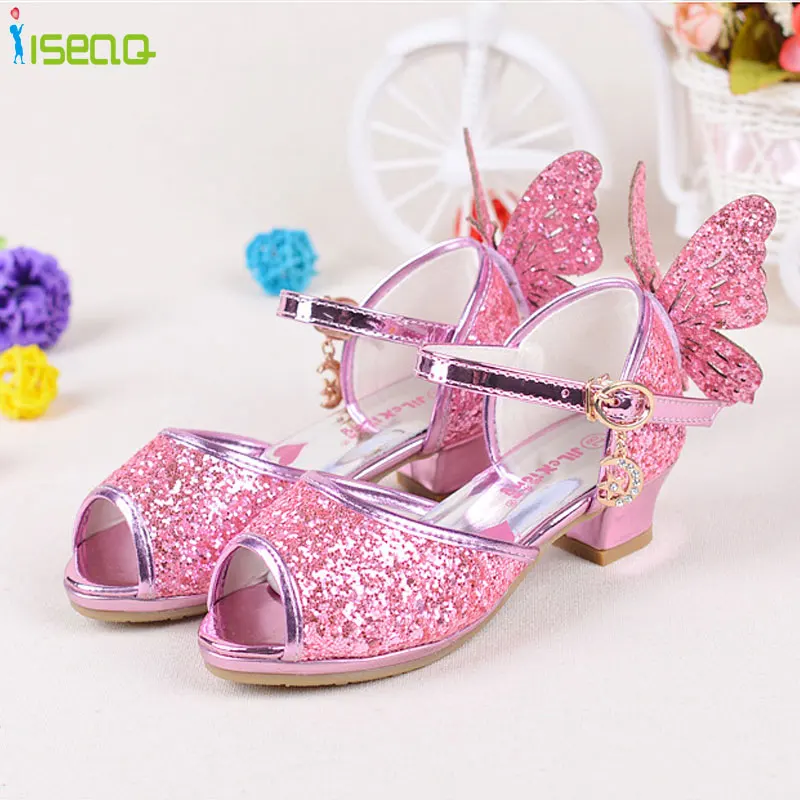 Босоножки на высоком каблуке для девочек; модные вечерние туфли принцессы; летняя обувь для малышей; обувь Эльзы; chaussure enfants fille sandalias - Цвет: Pink