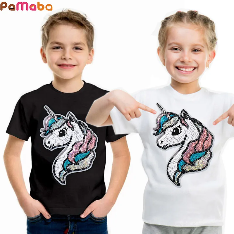 PaMaBa/забавная футболка с единорогом для девочек; ad; летняя футболка с короткими рукавами и блестками для мальчиков; модная детская хлопковая одежда; повседневные топы