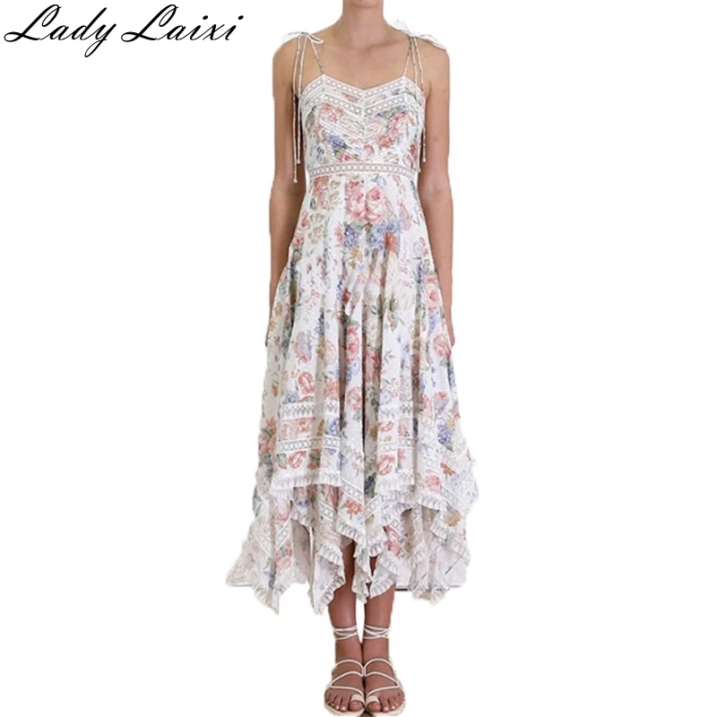 

2019 Summer New arrival Runway Dress floral print Spaghetti strap V-neck Asymmetry sleeveless Casual bohemia long dress