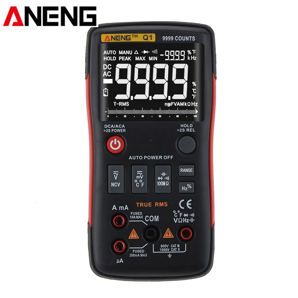 

ANENG Q1 True-RMS Digital Multimeter Button 9999 Counts with Analog Bar Graph AC DC Voltage Ammeter Current Ohm Auto/Manual