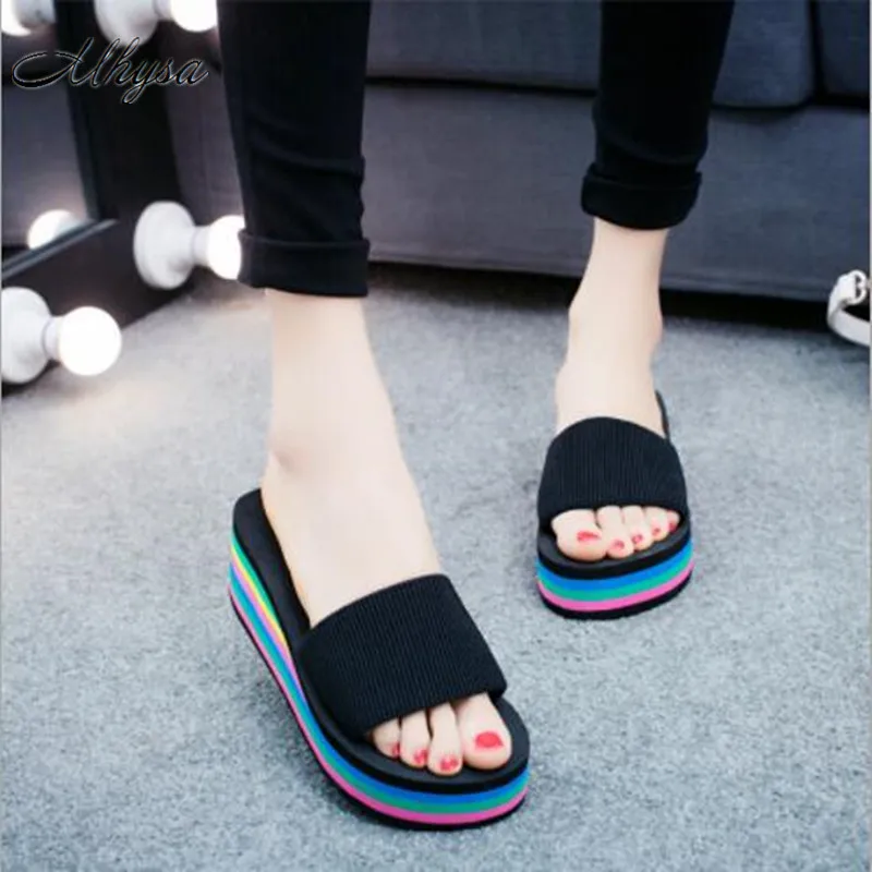 Mhysa 2018 New Platform Sandals Wedge Slippers Slides Rainbow Summer ...