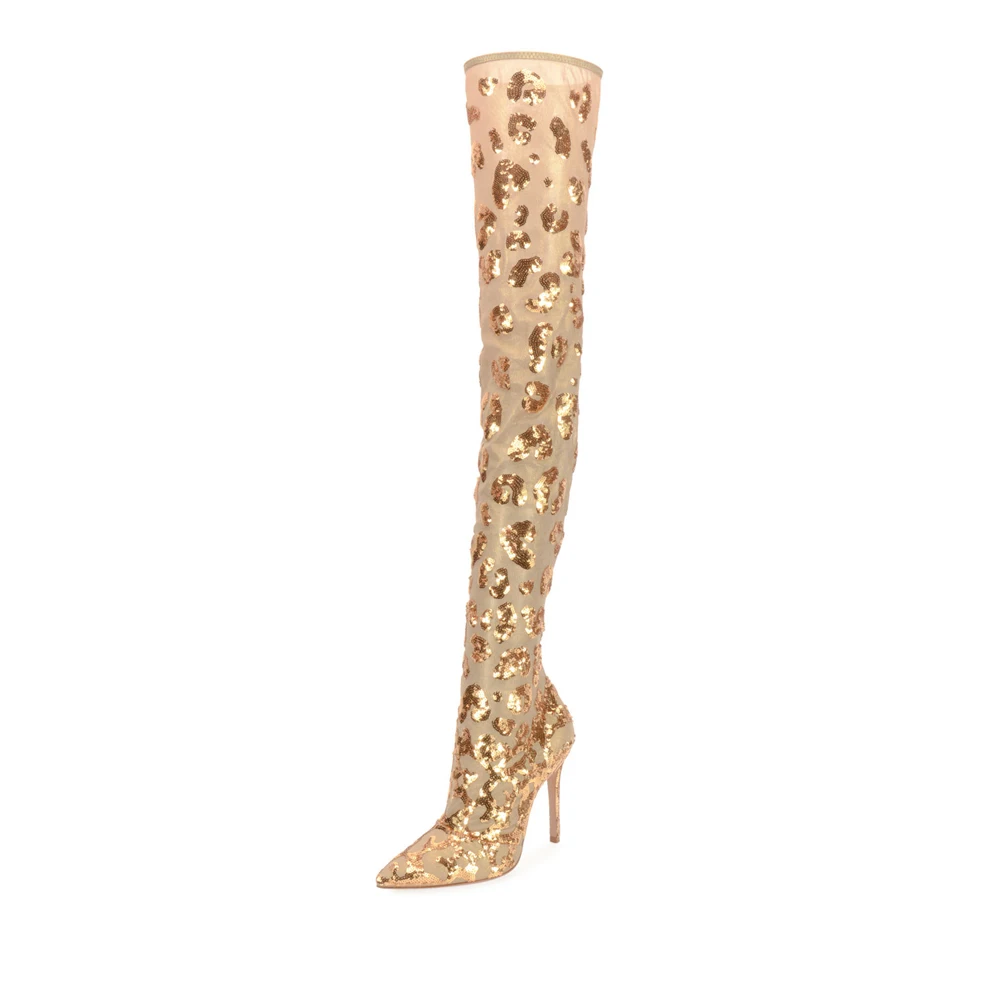 EMMA KING/новые стильные блестящие тканевые носки золотистого цвета женские высокие сапоги до бедра с острым носком на высоком каблуке-шпильке