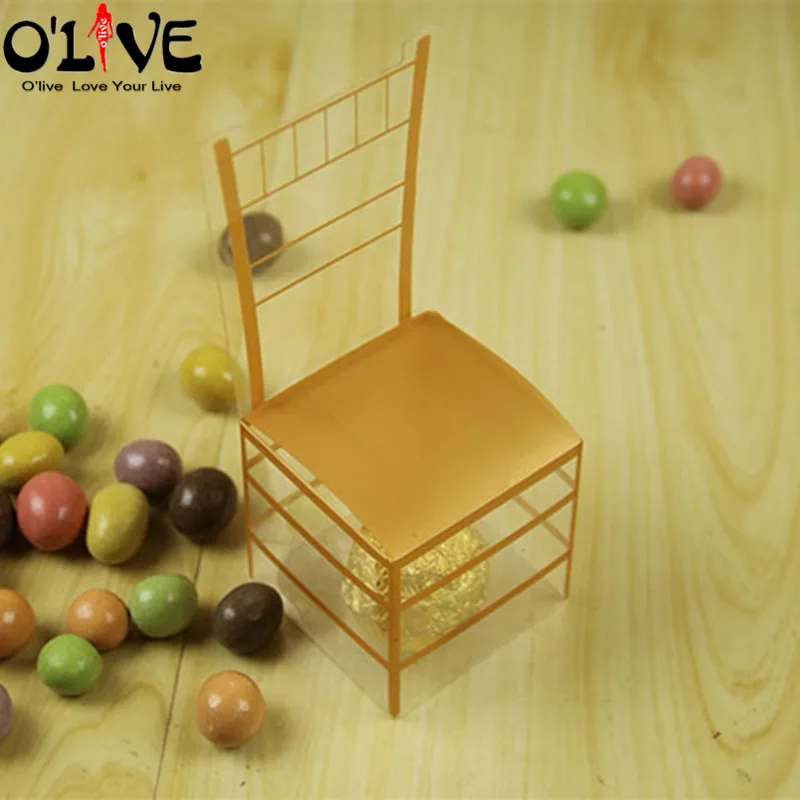 100 шт ПВХ прозрачная коробочка для сладостей золотистый стул форма подарочная коробка вечерние сувениры Упаковка Свадебная бонбоньерка шоколад детский душ