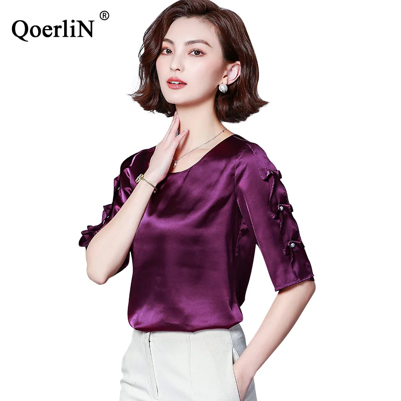 

QoerliN M-3XL Chiffon Blouse Women 2019 Summer Fashion Half Sleeve Elegant Tops Shirts Plus Size Purple Blouse White Office Tops