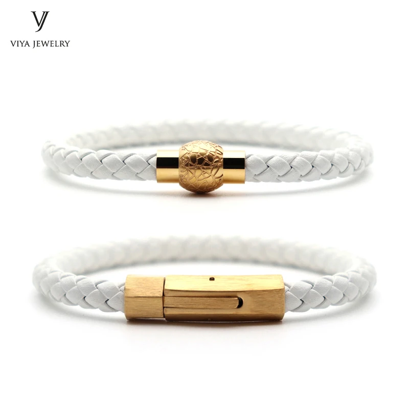 

(2 Pcs) Fashion Black Leather With Gold Color Magnet & Spring Clasp Women Bracelets Charming White Cow Braided Leather Bracelet