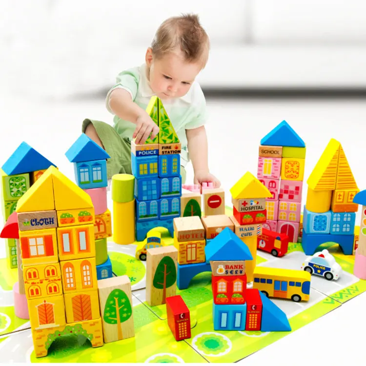 

[ Best ] DIY 100pcs City traffic municipal transportation castle Building Blocks Wooden toy ambulance model baby kids gift toys