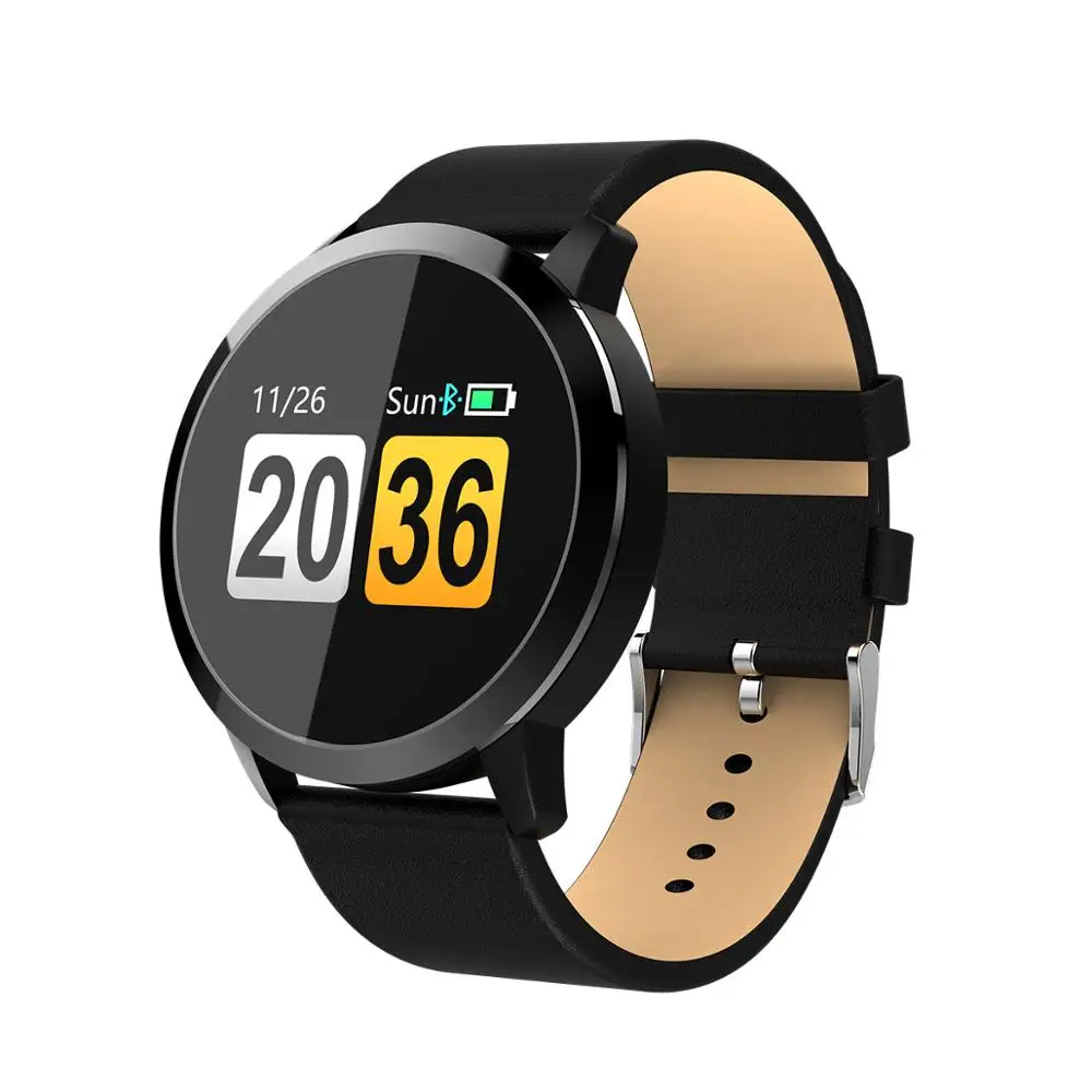 RUNDOING Q8 Смарт часы OLED цветной экран Smartwatch Мужская мода фитнес трекер сердечного ритма - Цвет: Black leather strap