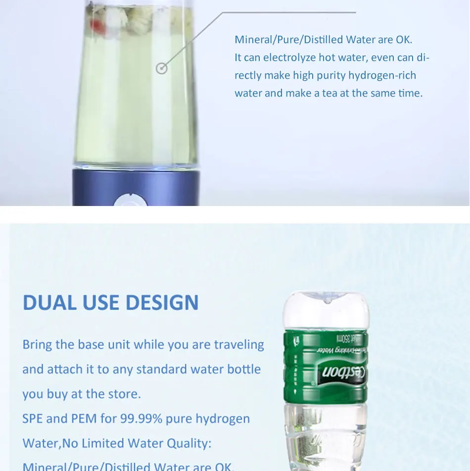 Водородная бутылка для воды 2-го поколения H2 до 3300ppb использует мембрану DUPONT N324 с простым устройством поглощения водорода