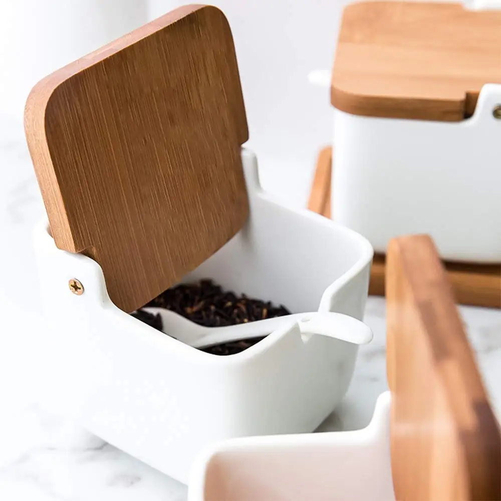 

Simplicity Style Sugar Bowl Home Kitchen Set Ceramica Salt Condiment Pot Jars Wood Frame Can Be Hang On The Wall