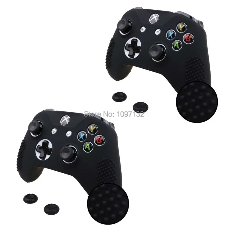 Anti-slip Silicone Rubber Cover Skin Case for XBox One S Slim Controller with 2 Thumbsticks Caps (1)