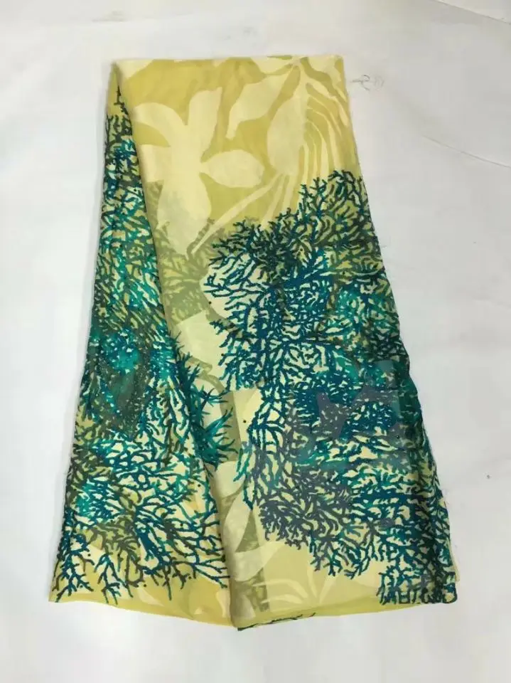 

5Y/pc Wonderful yellow silk chiffon and green pattern african smooth and soft silk lace fabric with rhinestone for dress JS27-2