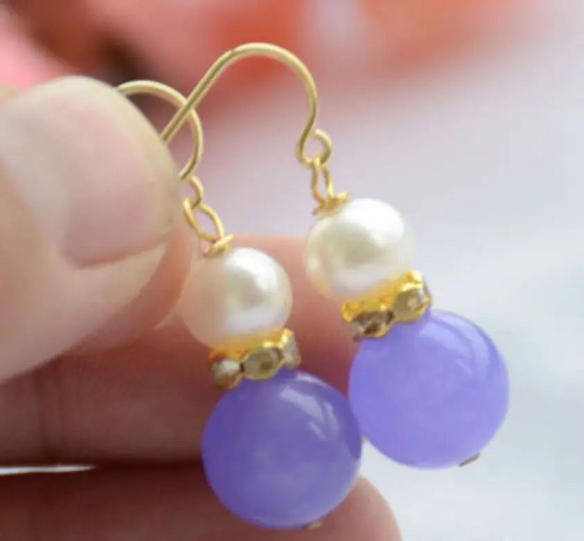 

AAA 12mm lavender jades 7-8mm white round PEARL DANGLE EARRING >>>silver earrings for women