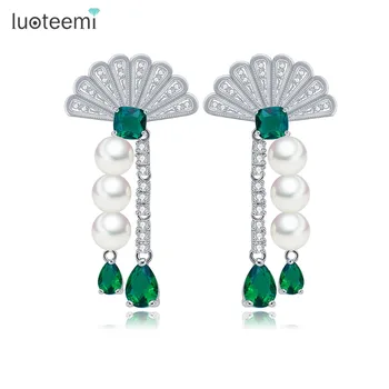 

LUOTEEMI Newest Charm Fashion Drop Earrings Clear Green CZ With Imitation Pearl Pendant Statement Dangle Brincos Women Jewelry
