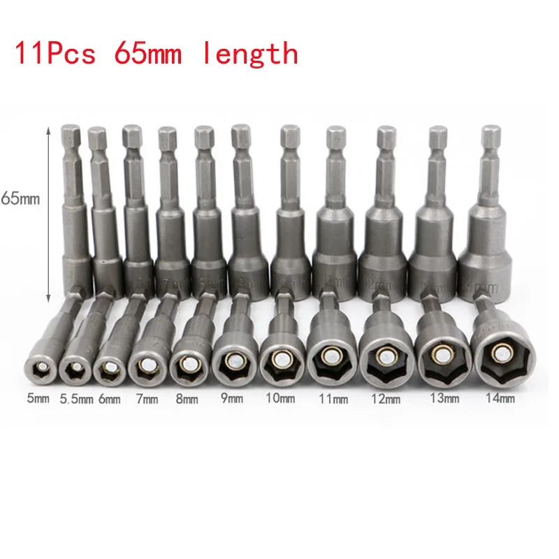11pcs 65mm length 5 мм-14 мм Профессиональный магнитного водитель гайки Set metric разъем 1/" Шестигранным хвостовиком влияние Бурильные долото адаптер для механические инструменты - Цвет: 11pcs 65mm length
