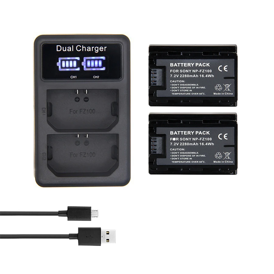 

2Pc NP-FZ100 NP FZ100 NPFZ100 Camera Battery Pack + USB LCD Dual Charger for Sony Alpha 9 A9 9R A9R 9S A9S A7RIII A7R3 7RM3 A7m3
