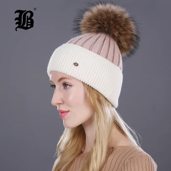 

[FLB] Winter hat for women knitted wool lady beanies cap natural raccoon fox fur pompom hat Patchwork female casual skullies