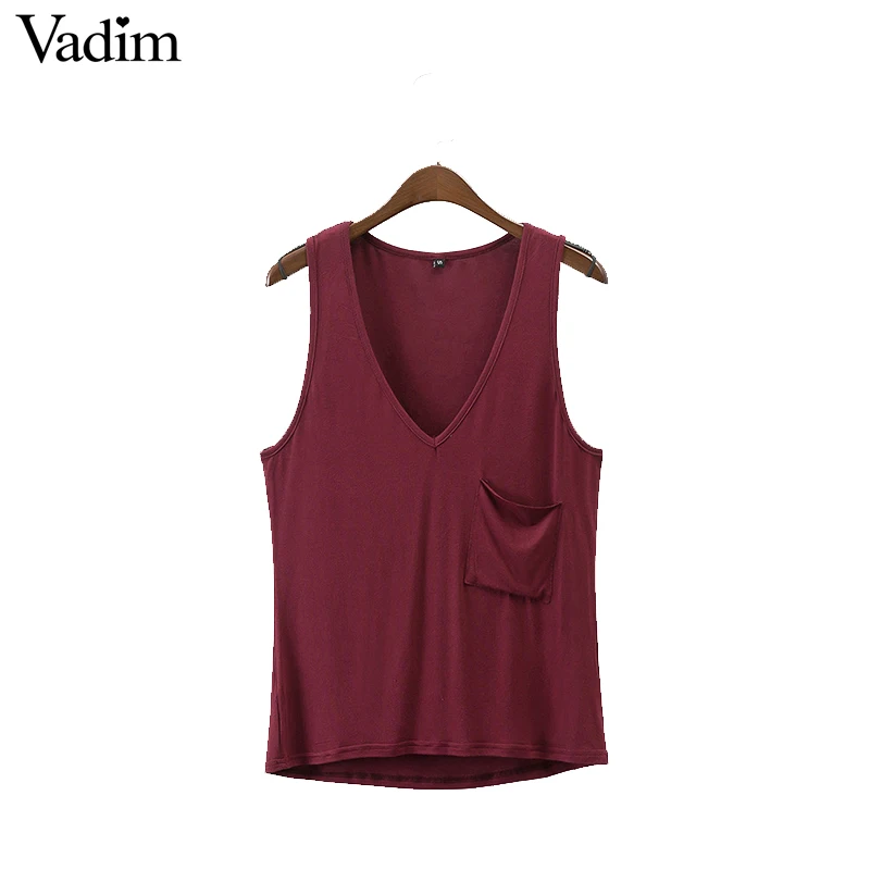 Vadim sexy deep V neck tank tops low cut sleeveless pocket elastic t