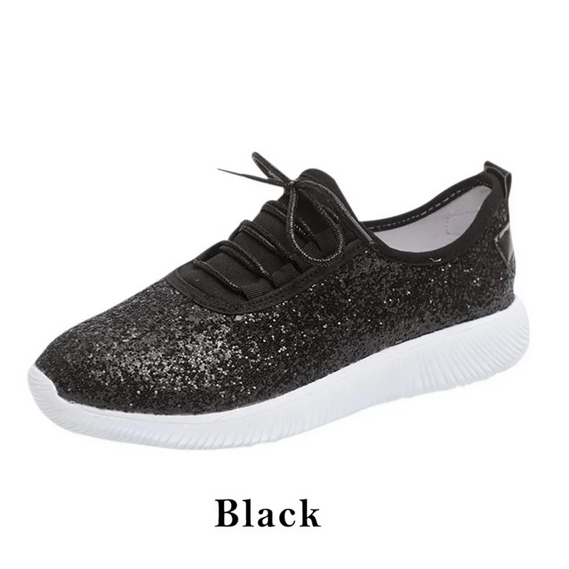 WENYUJH Vulcanized Shoes Women Casual Shoes Women Glitter Sneakers Bling White Sneakers Lace-up Sparkly Shoes zapatos mujer - Color: black