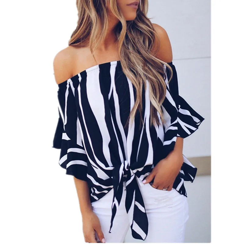 

2019 Women Summer Sexy Slash Neck Chiffon T-Shirts Striped Flare Sleeve Loose Tops Tees Ladies Streetwear Off Shoulder T-Shirt
