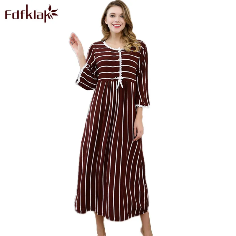 Fdfklak 2018 New Striped Nightgown Sleepwear Woman Nightdress M XXL Big