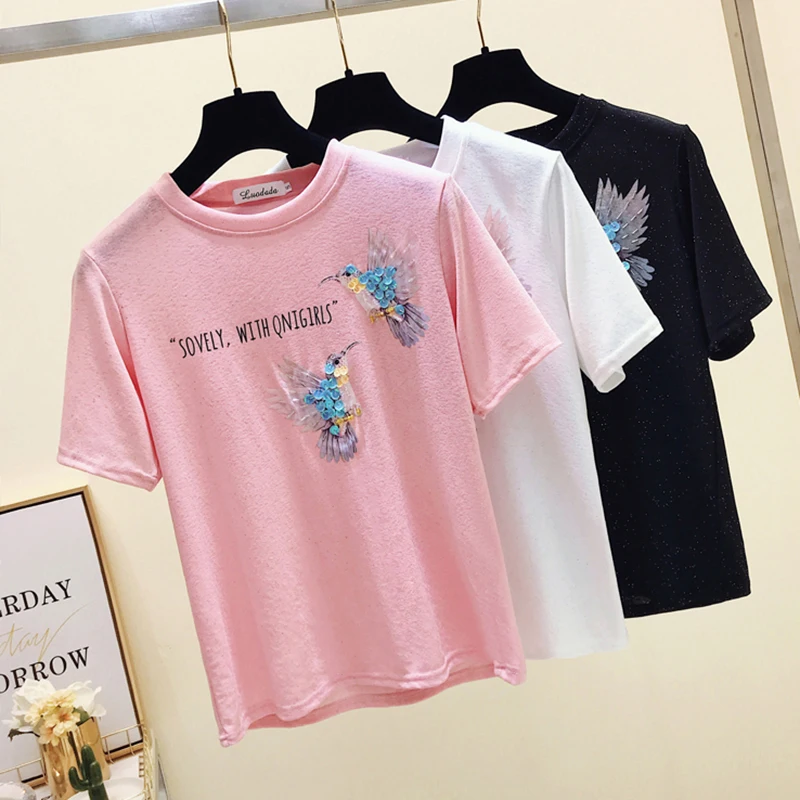 يزين تي شيرت النساء قمم الصيف تي شيرت تي شيرتات قصيرة الاكمام الجليد الحرير التي شيرت camisetas موهير فيرانو 2019 المحملة قميص فام