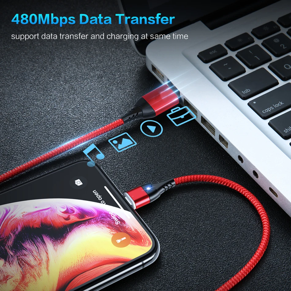 Светодиодный магнитный usb-кабель для iPhone XS Max XR X, магнитное зарядное устройство для быстрой зарядки, нейлоновый кабель для iPhone 8, 7, 6, 6 S Plus, iPad, планшетов