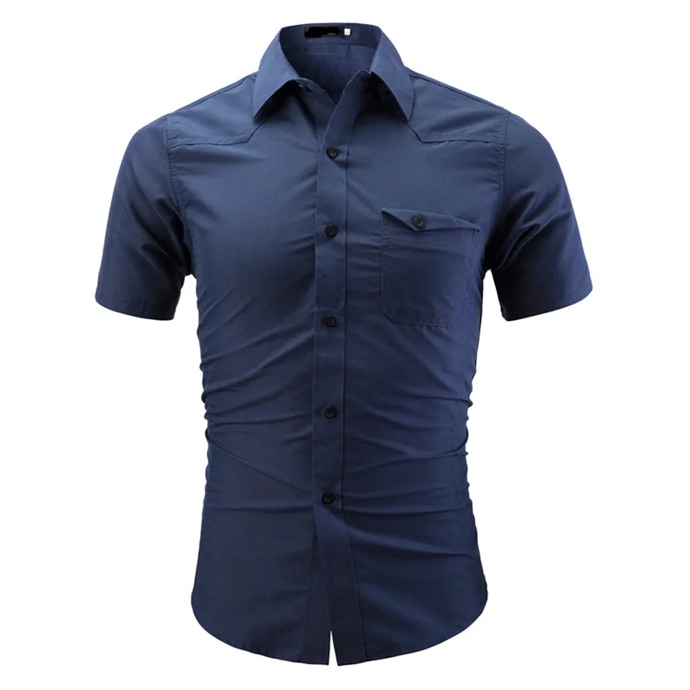 MUQGEW приталенная Мужская рубашка мода camisa masculina Для мужчин рубашка большого размера модная сплошной цвет мужской Повседневное футболка с коротким рукавом# Y4 - Цвет: Синий