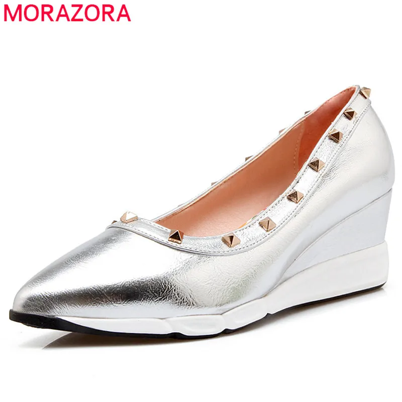 

MORAZORA 2020 fashion pumps women shoes pointed toe spring summer ladies shoes rivet shallow dress sheos classic wedges shoes