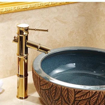 

Free shipping Bamboo gold basin sink faucet of solid brass bathroom golden faucet from china hot cold basin sink water faucet