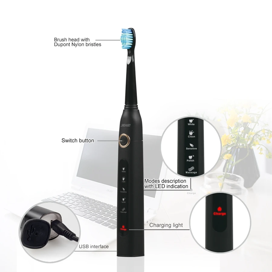 Escova de Dentes Titular com 3pcs Seago Sonic Amigável Elétrica Recarregável Cabeças Dupont Cerda Macia Eco 7 Cheap Escovas de dente elétricas