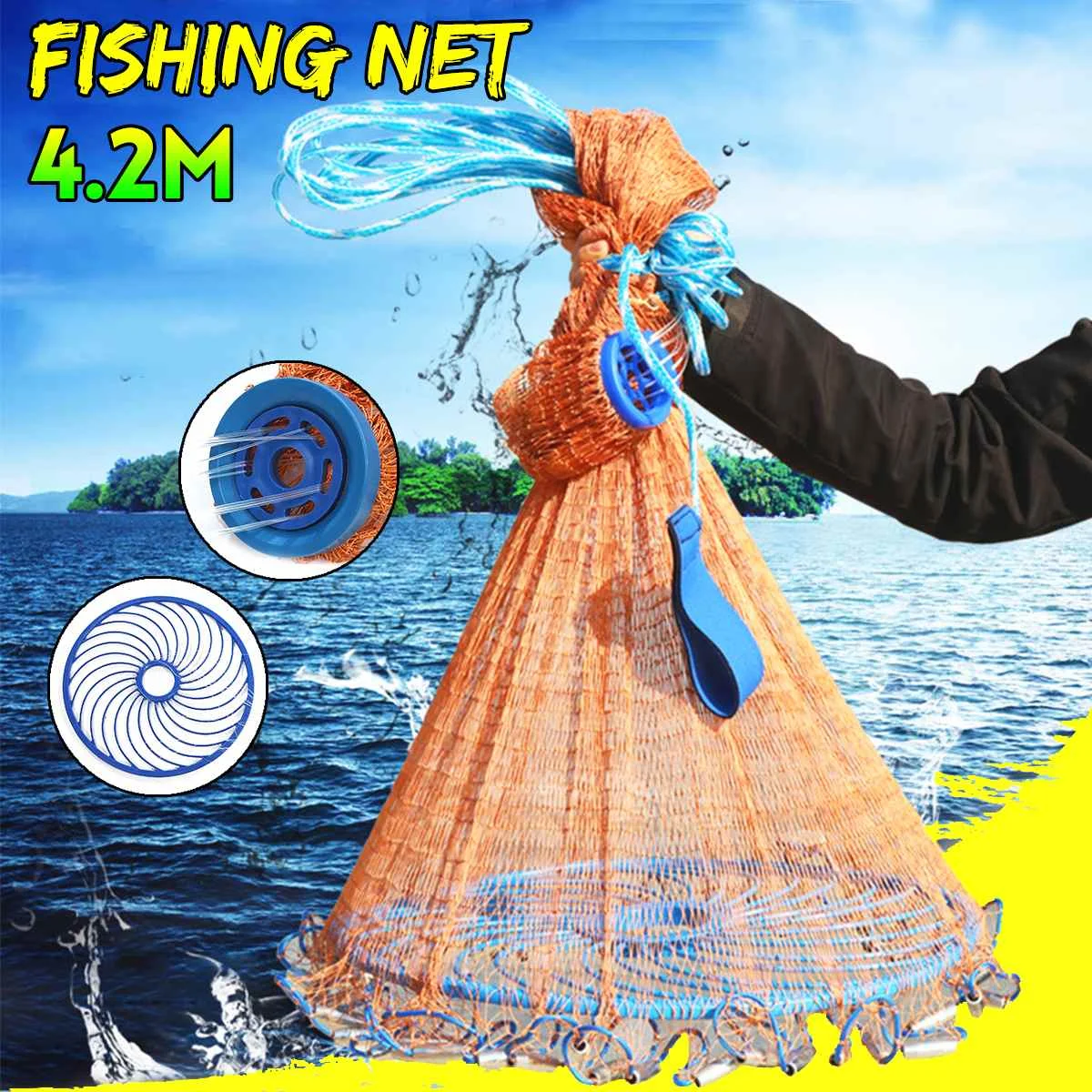 

4.2M 14FT Easy Throw Manual Fishing Net Fishing Network Outdoor Fly USA Hand Cast Net Spin Bait Casting Galvanized Sinker Tools