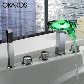 

OKAROS Bathtub LED Bathroom Basin Faucet Waterfall Water Taps Five Hole Bathtub Faucet with Shower Head Tap Mixer Torneira