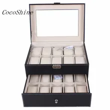 Free shipping & Wholesale! High Quality T-172 20 Slot Watch Box Leather Display Case Organizer Top Glass Jewelry Storage Black