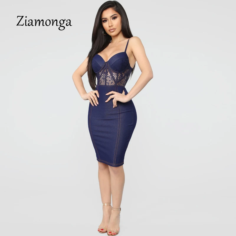

Ziamonga Women Denim Dress New Slim Floral Lace Midi Dress Elegant Bodycon Club Party Vestidos Sexy Bandage Female Outfits Dress